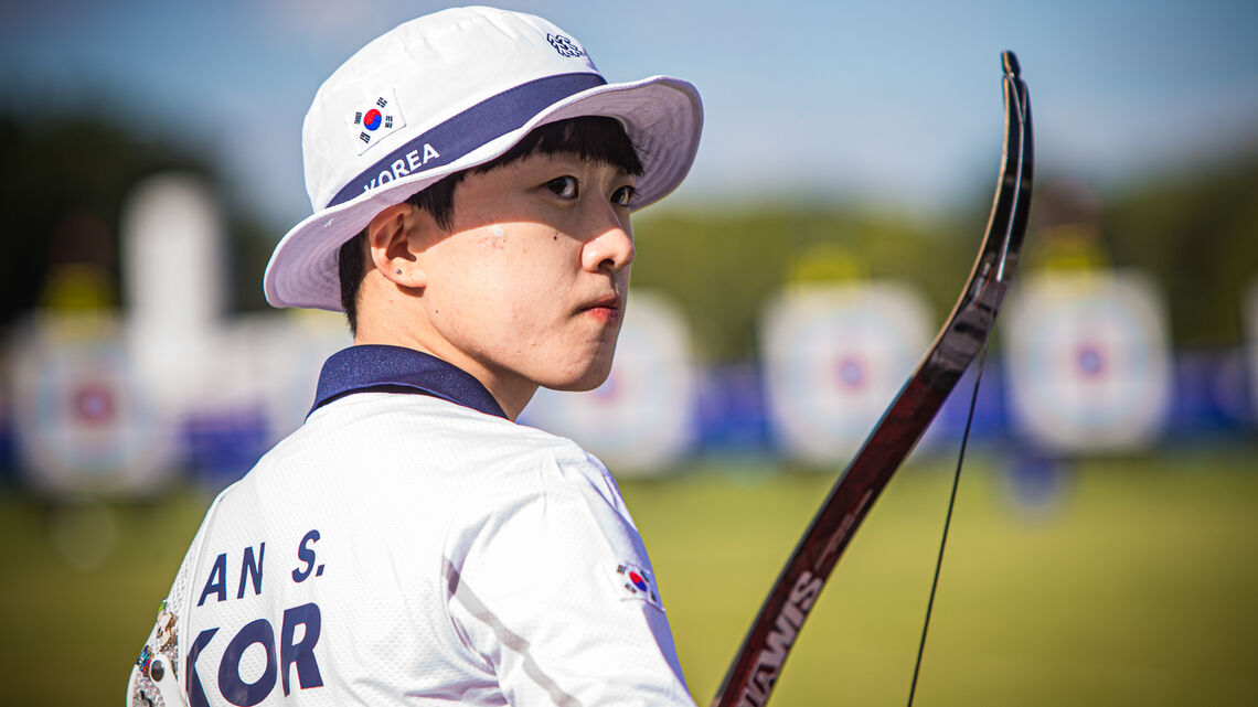 An San takes a moment for reflection at the 2021 Hyundai World Archery Championships in Yankton.