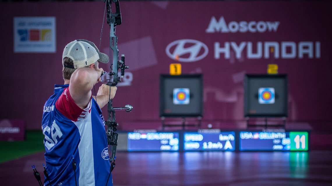 Braden Gellenthien shoots during the 2021 Hyundai Archery World Cup Final in Moscow.