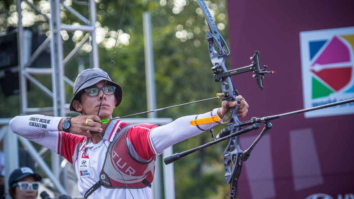 Mete Gazoz shoots during the Hyundai Archery World Cup Final in 2019.