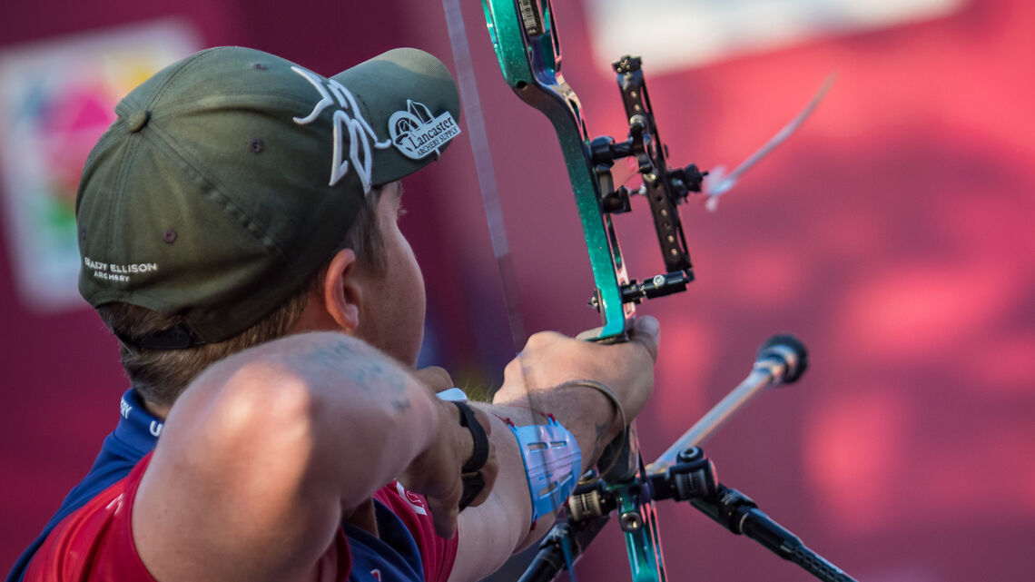 Brady Ellison lets an arrow fly during the Hyundai Archery World Cup Final in 2019.