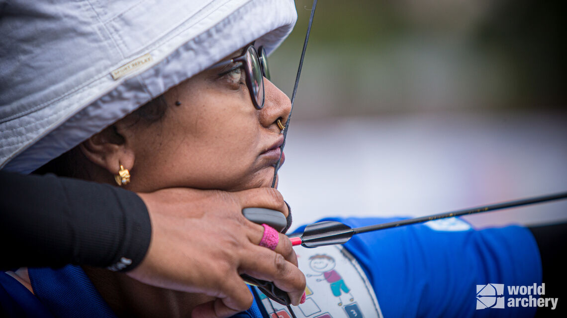 Deepika Kumari shoots during the first stage of the 2021 Hyundai Archery World Cup in Guatemala City.