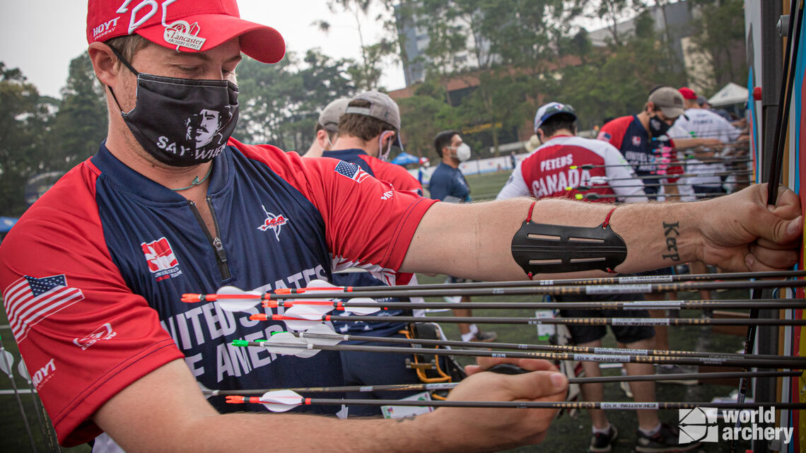 Brady Ellison pulls his arrows during qualification at the first stage of the 2021 Hyundai Archery World Cup in Guatemala City.