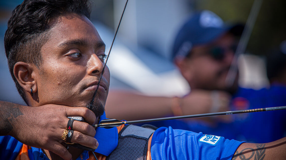 Atanu Das shoots during eliminations at the first stage of the 2021 Hyundai Archery World Cup in Guatemala City.