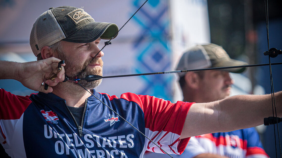Braden Gellenthien shoots during finals at the first stage of the 2021 Hyundai Archery World Cup in Guatemala City.