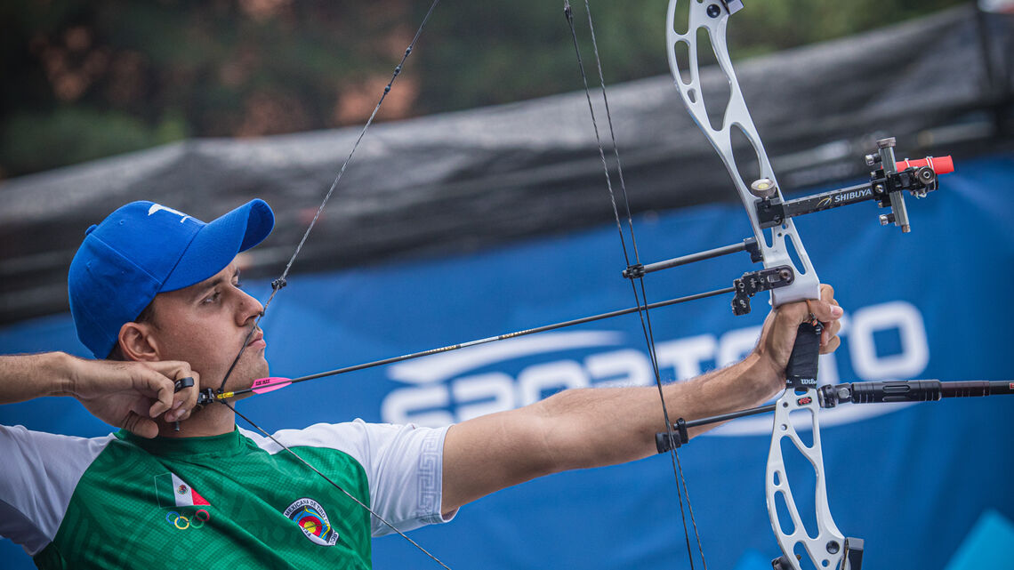 Antonio Hidalgo shoots during finals at the first stage of the 2021 Hyundai Archery World Cup in Guatemala City.