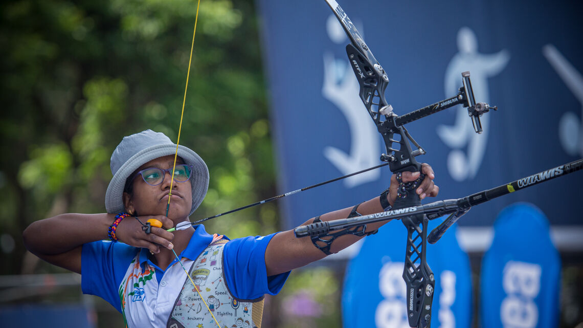 Komalika Bari shoots during finals at the opening stage of the 2021 Hyundai Archery World Cup in Guatemala City.