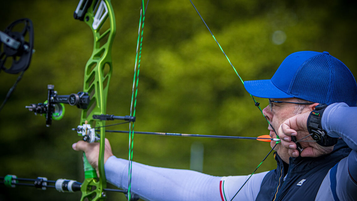 Sergio Pagni shoots during practice at the second stage of the Hyundai Archery World Cup in 2021.