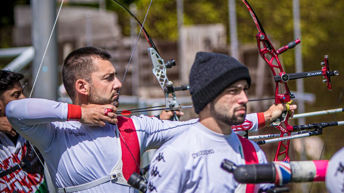 Mauro Nespoli shoots during qualification at the second stage of the Hyundai Archery World Cup in 2021.