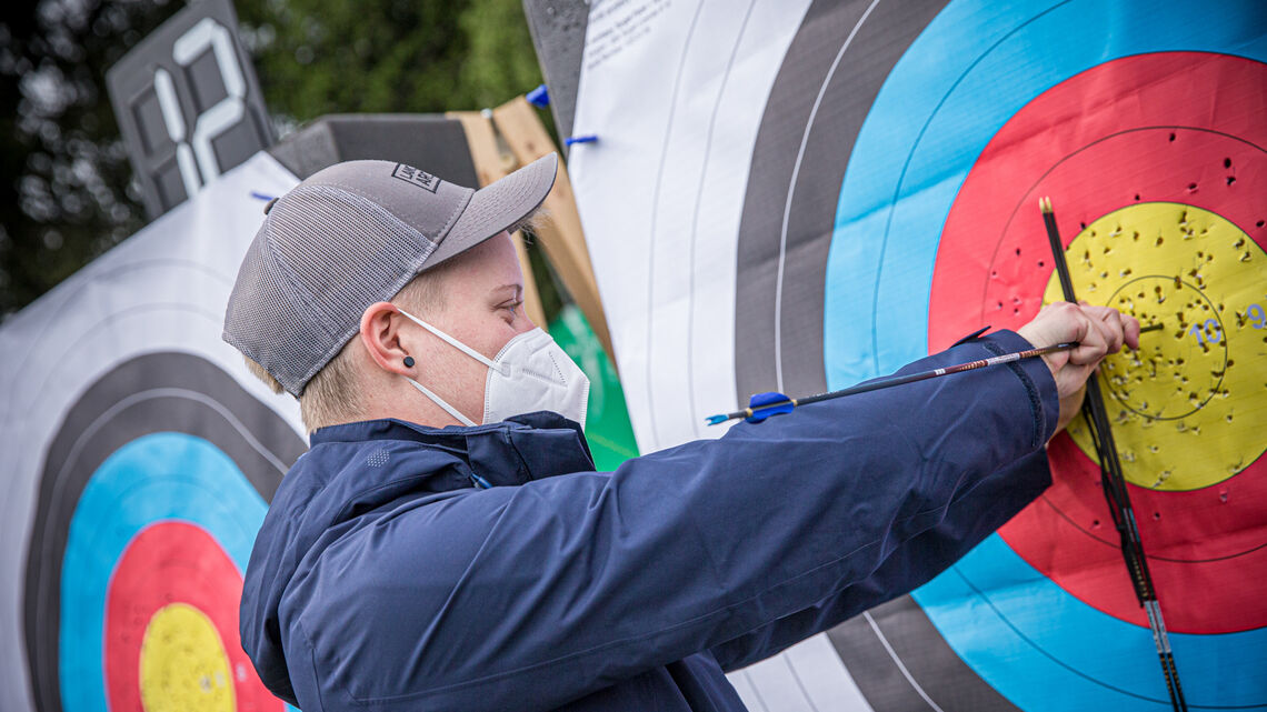 Michelle Kroppen pulls arrows during qualification at the second stage of the Hyundai Archery World Cup in 2021.