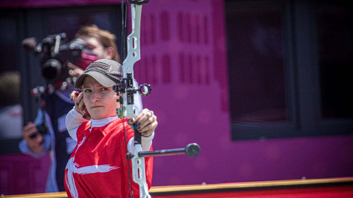 Tanja Gellenthien shoots during finals at the second stage of the Hyundai Archery World Cup in 2021.