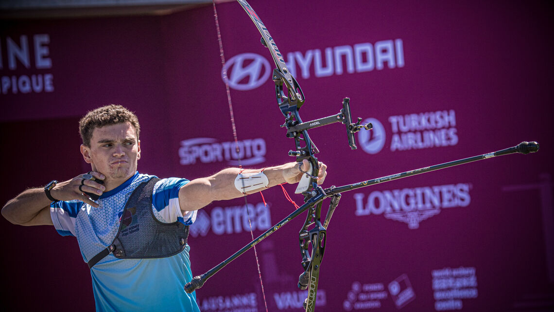 Nicholas D’Amour shoots at stage two of the 2021 Hyundai Archery World Cup in Lausanne.