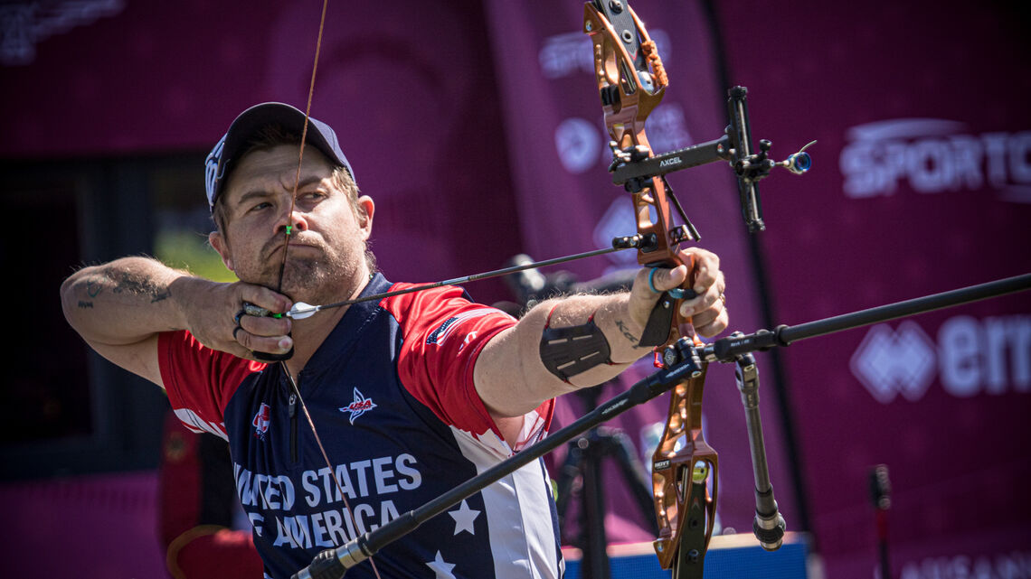 Brady Ellison shoots during the final at the second stage of the Hyundai Archery World Cup in 2021.