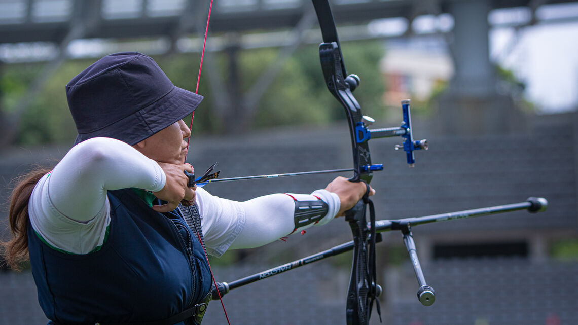 Alejandra Valencia shoots during qualifying at the third stage of the 2021 Hyundai Archery World Cup in Paris.