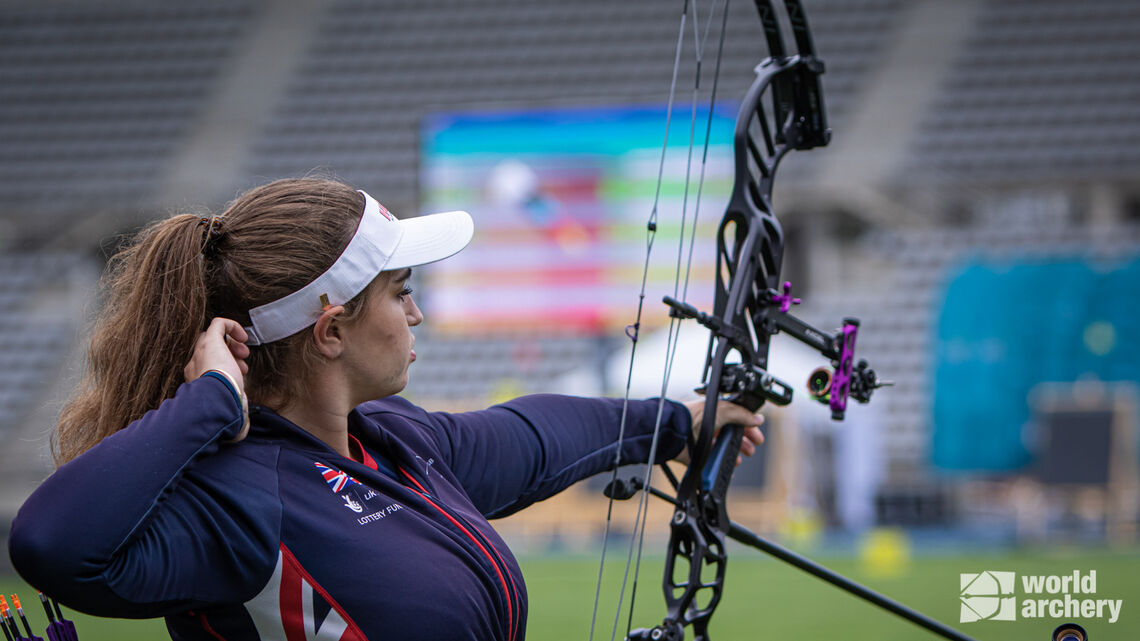 Ella Gibson shoots during qualifying at the third stage of the 2021 Hyundai Archery World Cup in Paris.