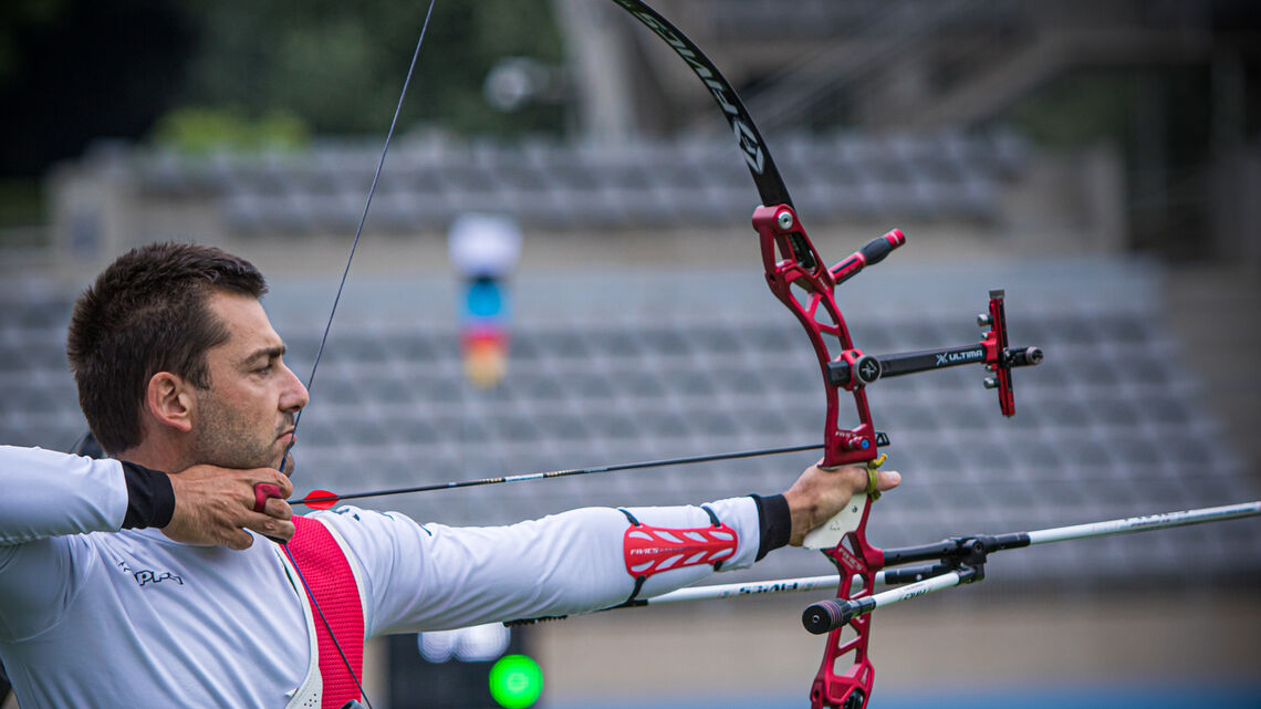 Mauro Nespoli shoots during the third stage of the 2021 Hyundai Archery World Cup in Paris.