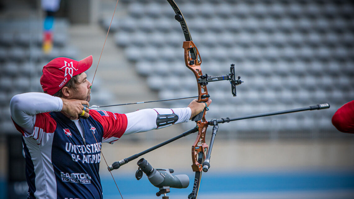 Brady Ellison shoots during the third stage of the 2021 Hyundai Archery World Cup in Paris.