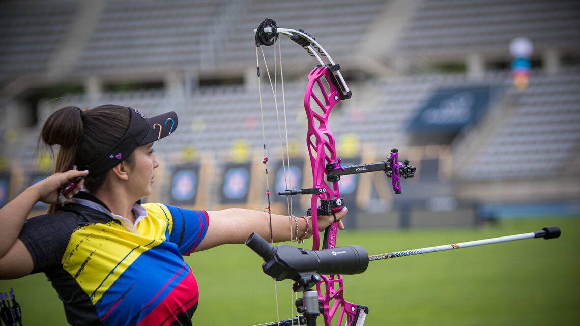 Sara Lopez shoots during the third stage of the 2021 Hyundai Archery World Cup in Paris.