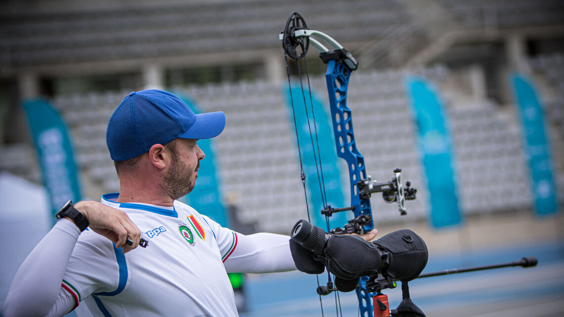 Federico Pagnoni shoots during the third stage of the 2021 Hyundai Archery World Cup in Paris.