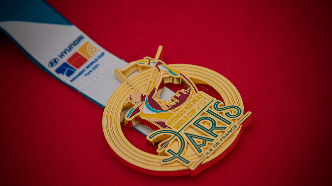 Medals at the third stage of the 2021 Hyundai Archery World Cup in Paris.