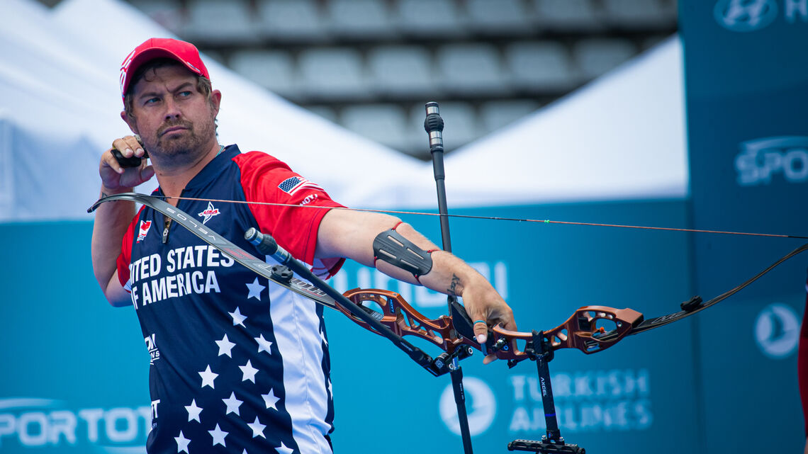 Brady Ellison shoots during the third stage of the 2021 Hyundai Archery World Cup in Paris.