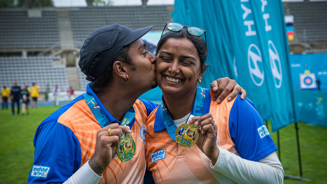 Atanu Das and Deepika Kumari celebrate winning mixed team gold at the third stage of the 2021 Hyundai Archery World Cup in Paris.