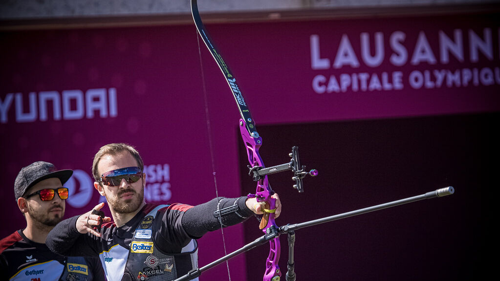 Germany shoots at the second stage of the 2021 Hyundai Archery World Cup in Lausanne.