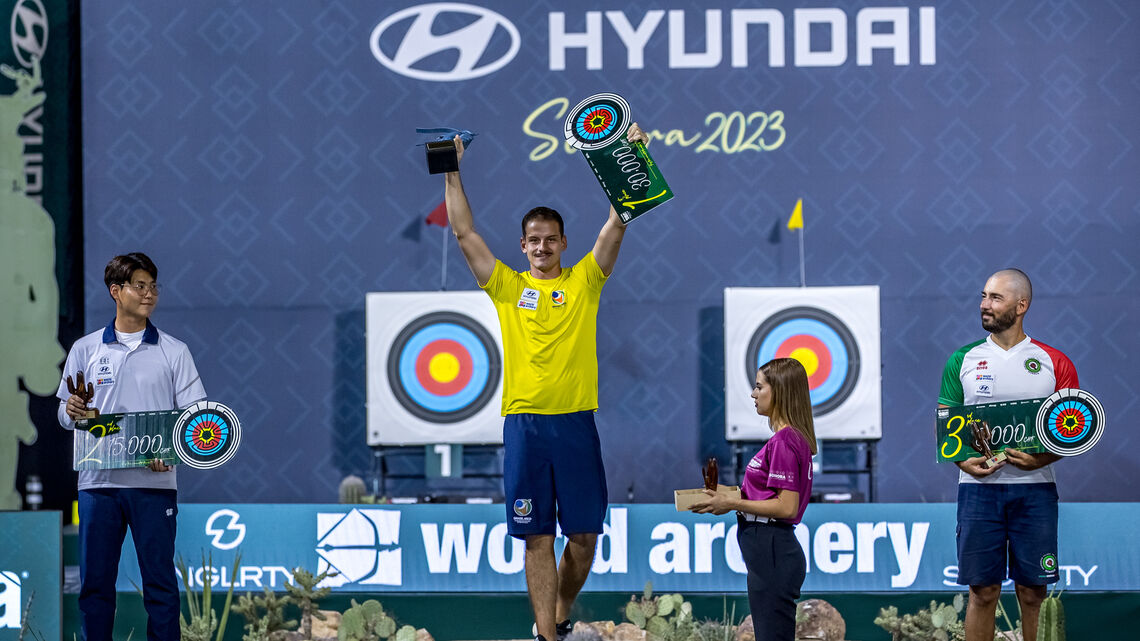 Recurve men’s podium at Hermosillo 2023 Hyundai Archery World Cup Final.
