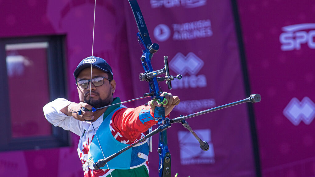 Ruman Shana shoots during the mixed team final at the second stage of the 2021 Hyundai Archery World Cup in Lausanne.