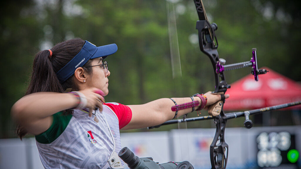 Ana Vazquez shoots during qualification at the first stage of the 2021 Hyundai Archery World up in Guatemala City.