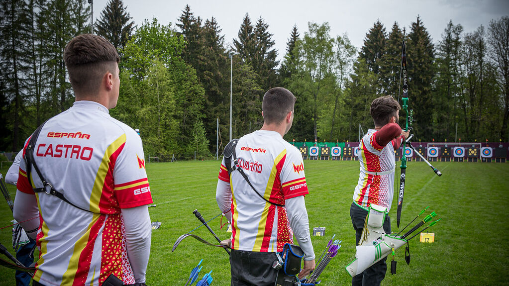 Spain's recurve men's team shoots during the second stage of the 2021 Hyundai Archery World Cup in Lausanne.