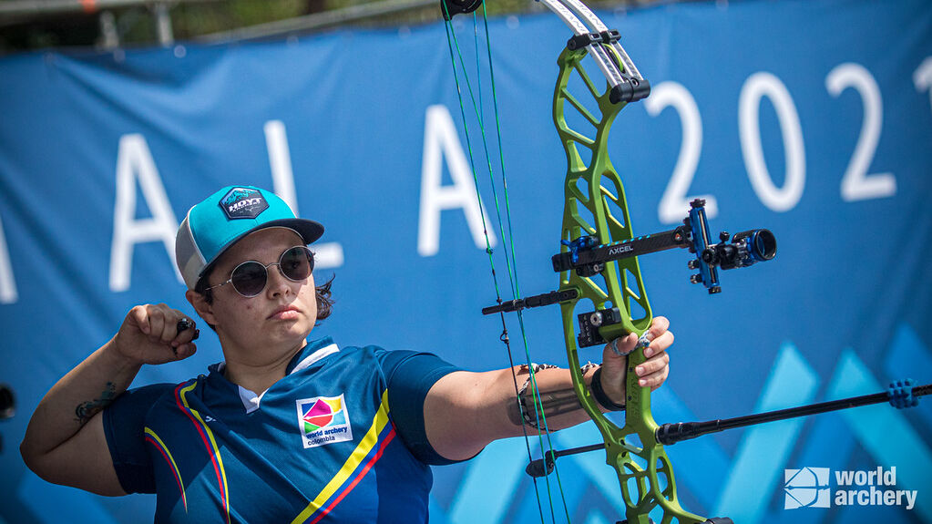 Nora Valdez shoots in the compound women's final at the first stage of the 2021 Hyundai Archery World Cup in Guatemala City.