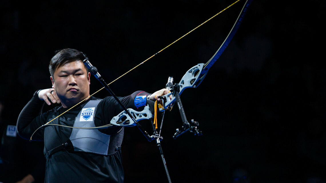 Oh Jin Hyek shoots during the Nimes Archery Tournament in 2019.