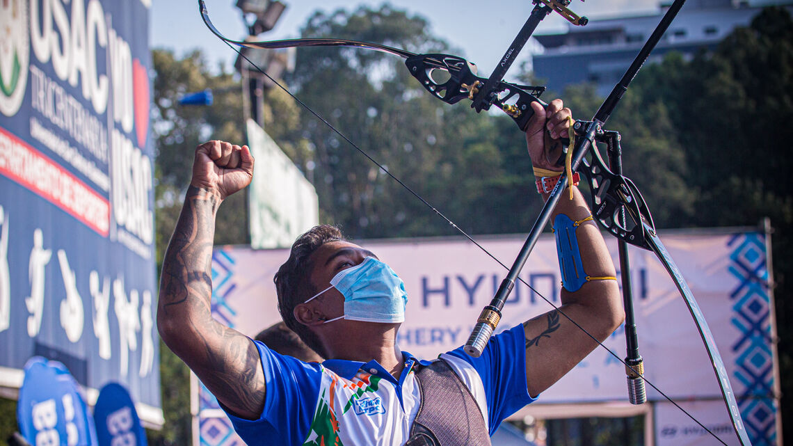 Atanu Das celebrates his victory at stage one of the 2021 Hyundai Archery World Cup in Guatemala City.