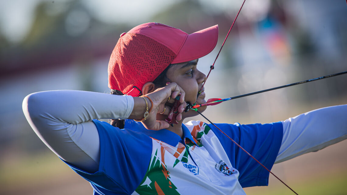 Jyothi Surekha Vennam shoots at the 2021 Hyundai World Archery Championships.