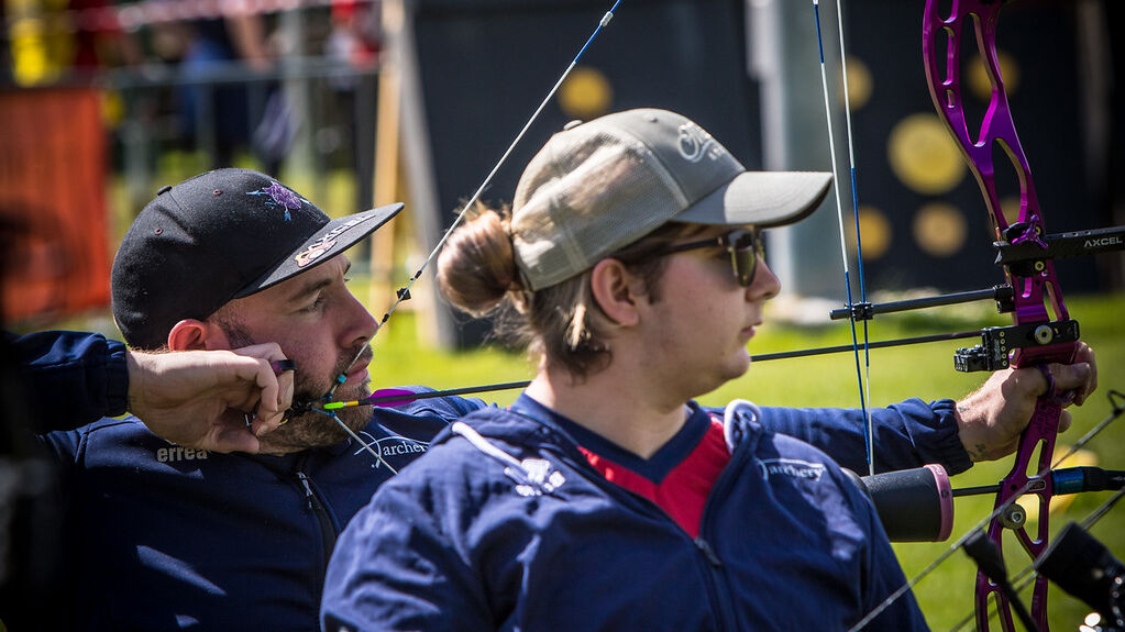 Nathan Macqueen and Jessica Stretton shoot at the second stage of the 2021 Hyundai Archery World Cup in Lausanne.