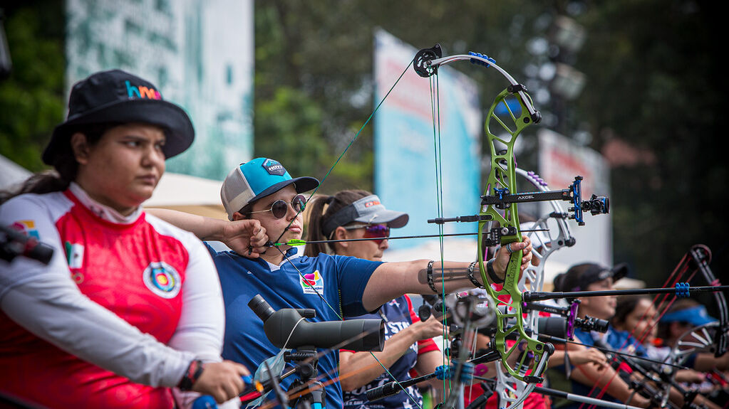 Nora Valdez shoots during eliminations at the first stage of the 2021 Hyundai Archery World Cup in Guatemala City.