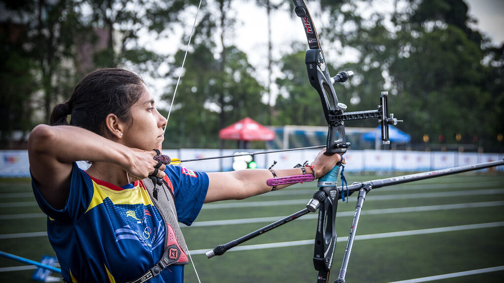Adriana Espinosa de los Monteros shoots during practice at the first stage of the 2021 Hyundai Archery World Cup in Guatemala City.