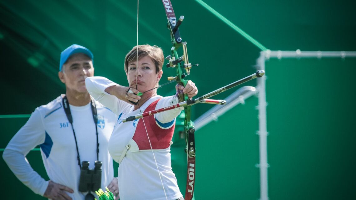 Evangelia Psarra shoots at the Rio 2016 Olympic Games. 