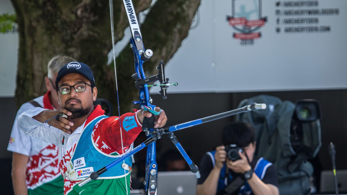 Ruman Shana shoots during the bronze medal match at the Hyundai World Archery Championships in 2019.