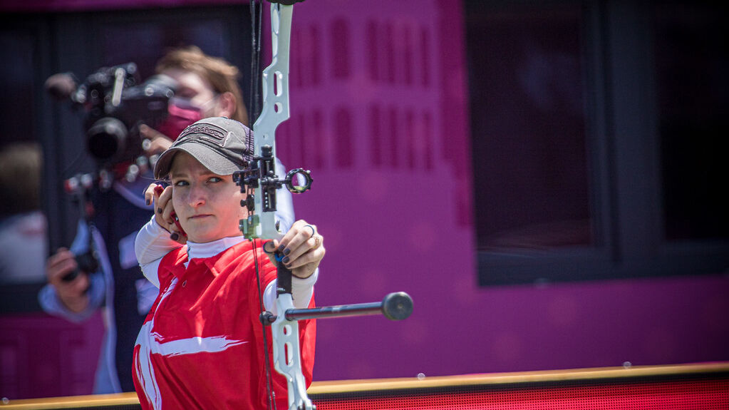 Tanja Gellenthien shoots at the second stage of the 2021 Hyundai Archery World Cup in Lausanne.