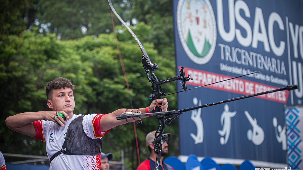 Daniel Castro shoots during finals at the first stage of the 2021 Hyundai Archery World Cup in Guatemala City.