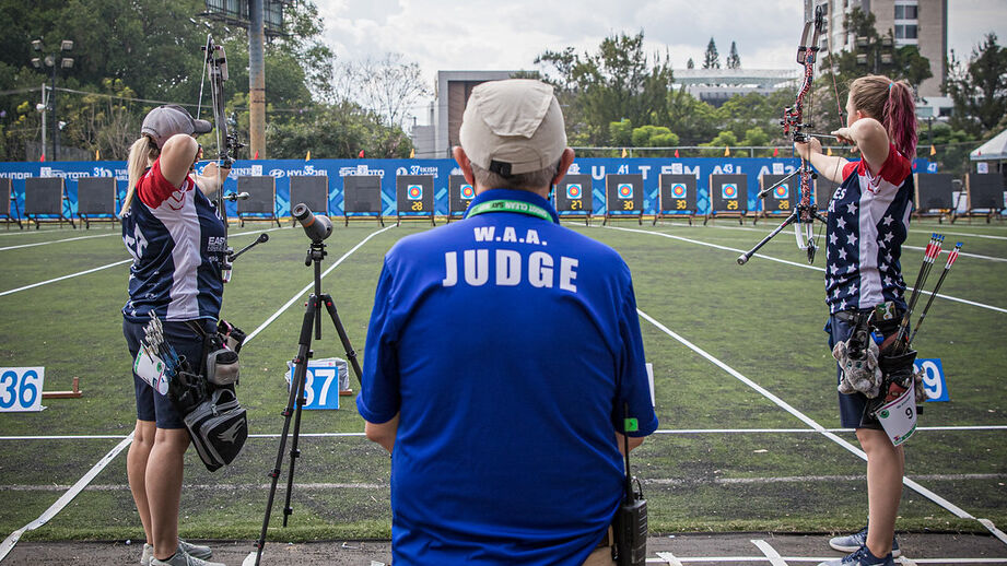 Savannah Vanderwier and Paige Pearce shoot in the quarterfinals of the first stage of the 2021 Hyundai Archery World Cup in Guatemala City.