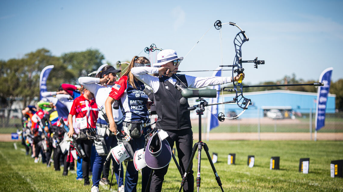 Compound archers shoot at the 2021 Hyundai World Archery Championships.