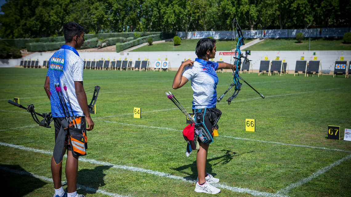 Pragati Choudhary shoots at the Madrid 2019 World Archery Youth Championships. 