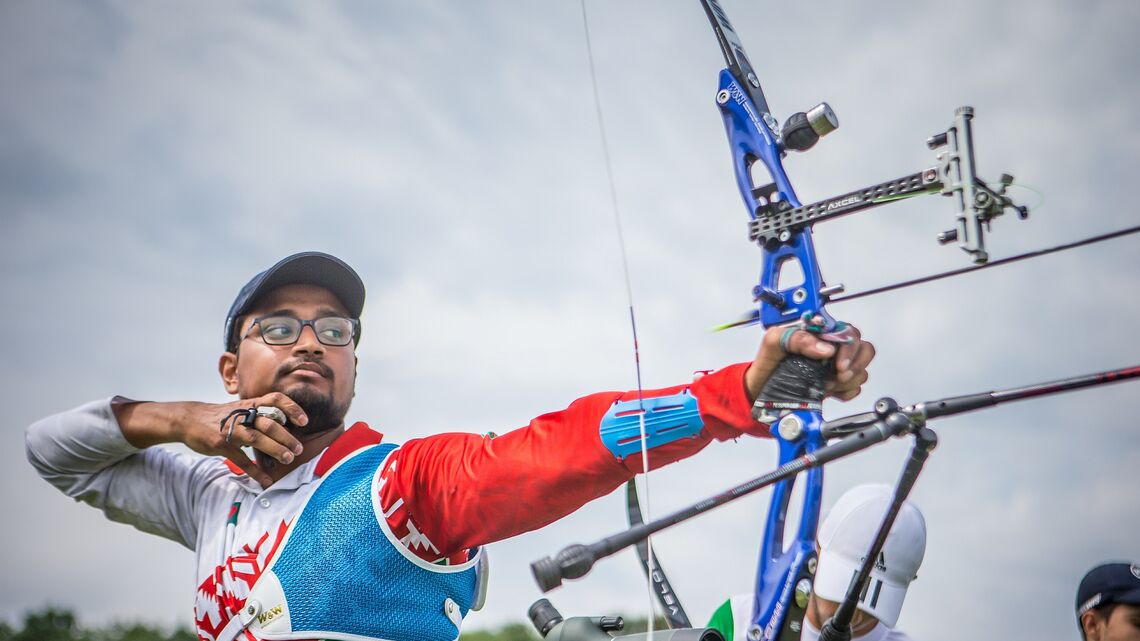 Ruman Shana shoots at the fourth stage of the 2019 Hyundai Archery World Cup in Berlin.