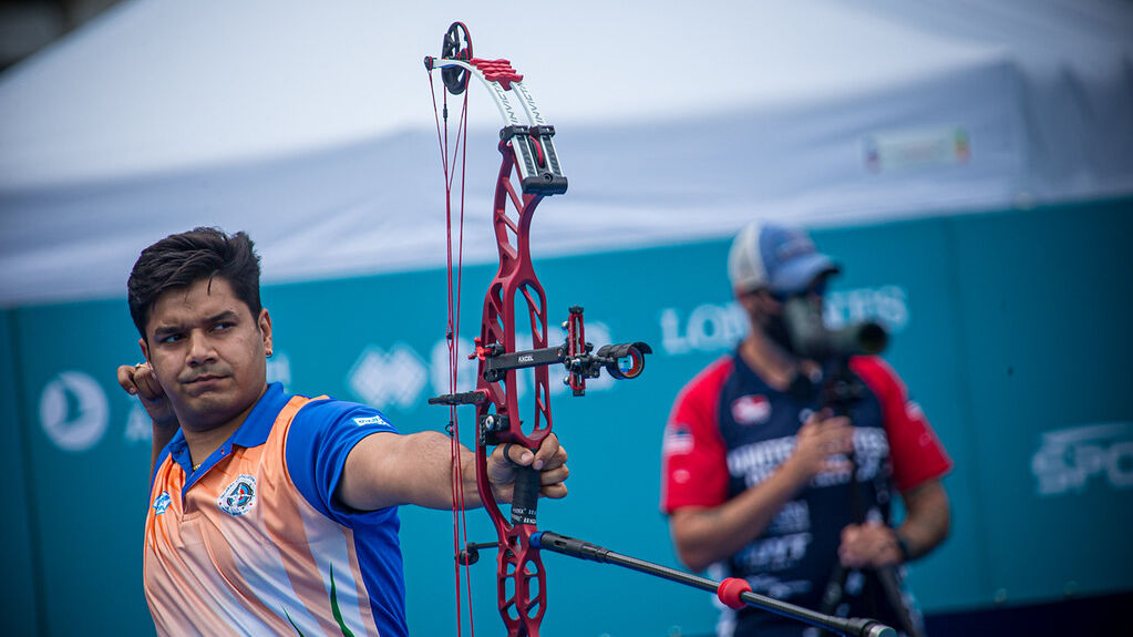 Abhishek Verma shoots at the third stage of the 2021 Hyundai Archery World Cup in Paris. 