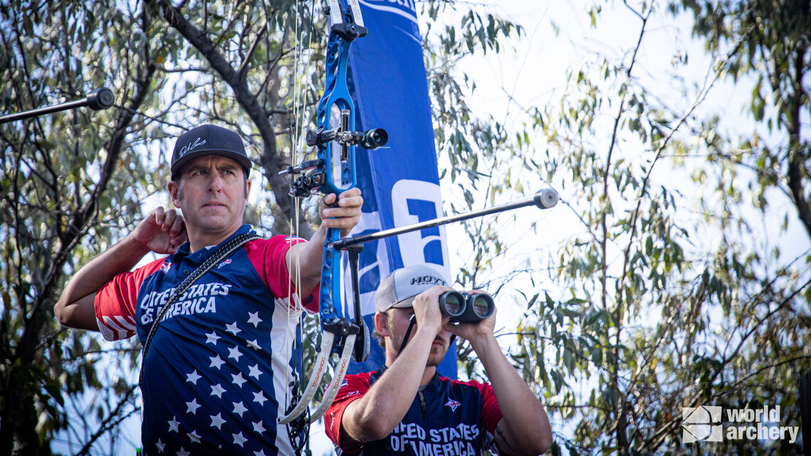 Dave Cousins shoots during finals at the 2022 World Archery Field Championships.