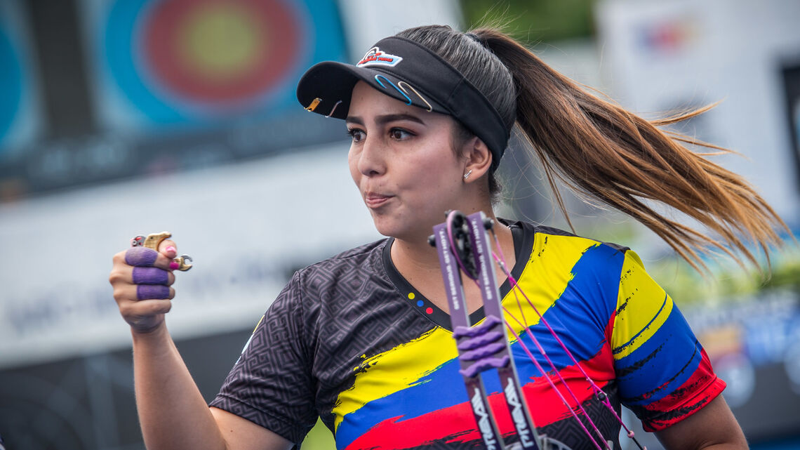 Sara Lopez celebrates during the first stage of the 2019 Hyundai Archery World Cup in Medellin.