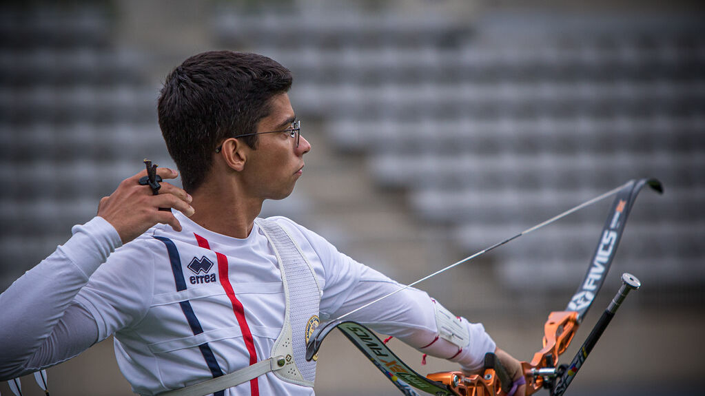 Thomas Chirault shoots at the third stage of the 2021 Hyundai Archery World Cup in Paris, France.