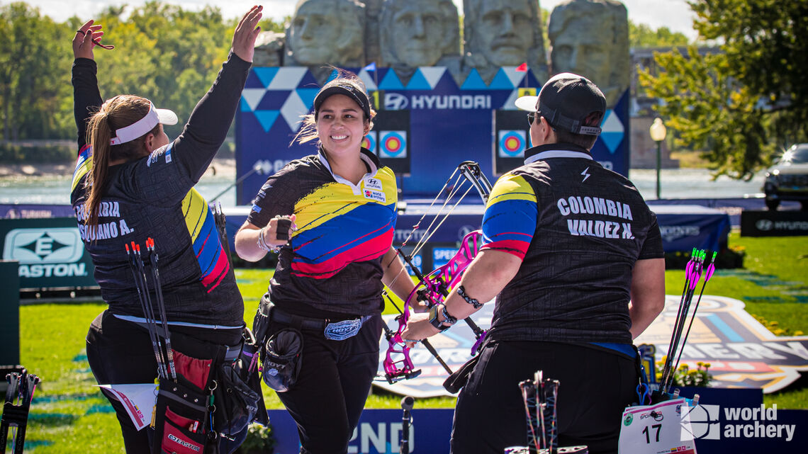 Colombia celebrates winning the 2021 Hyundai World Archery Championships.